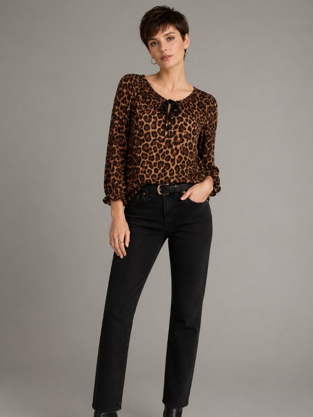 Lucky Brand Leopard Print Tie Neck Blouse Medium Boho Y2K Mob Wife Top M